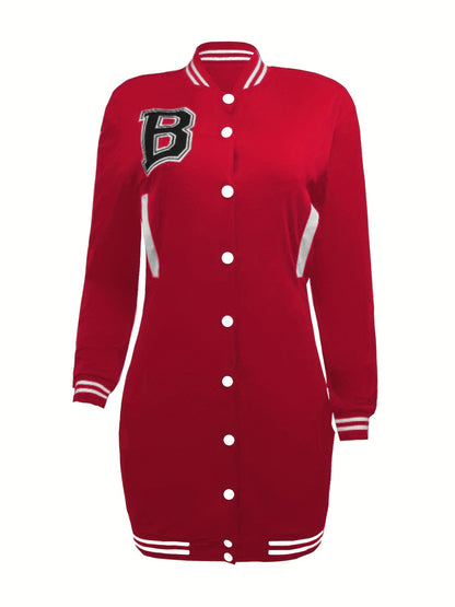 Womens Chic Letter Pattern Mini Dress - Versatile Button Front, Long Sleeve Slim Fit - Stylish Everyday Clothing