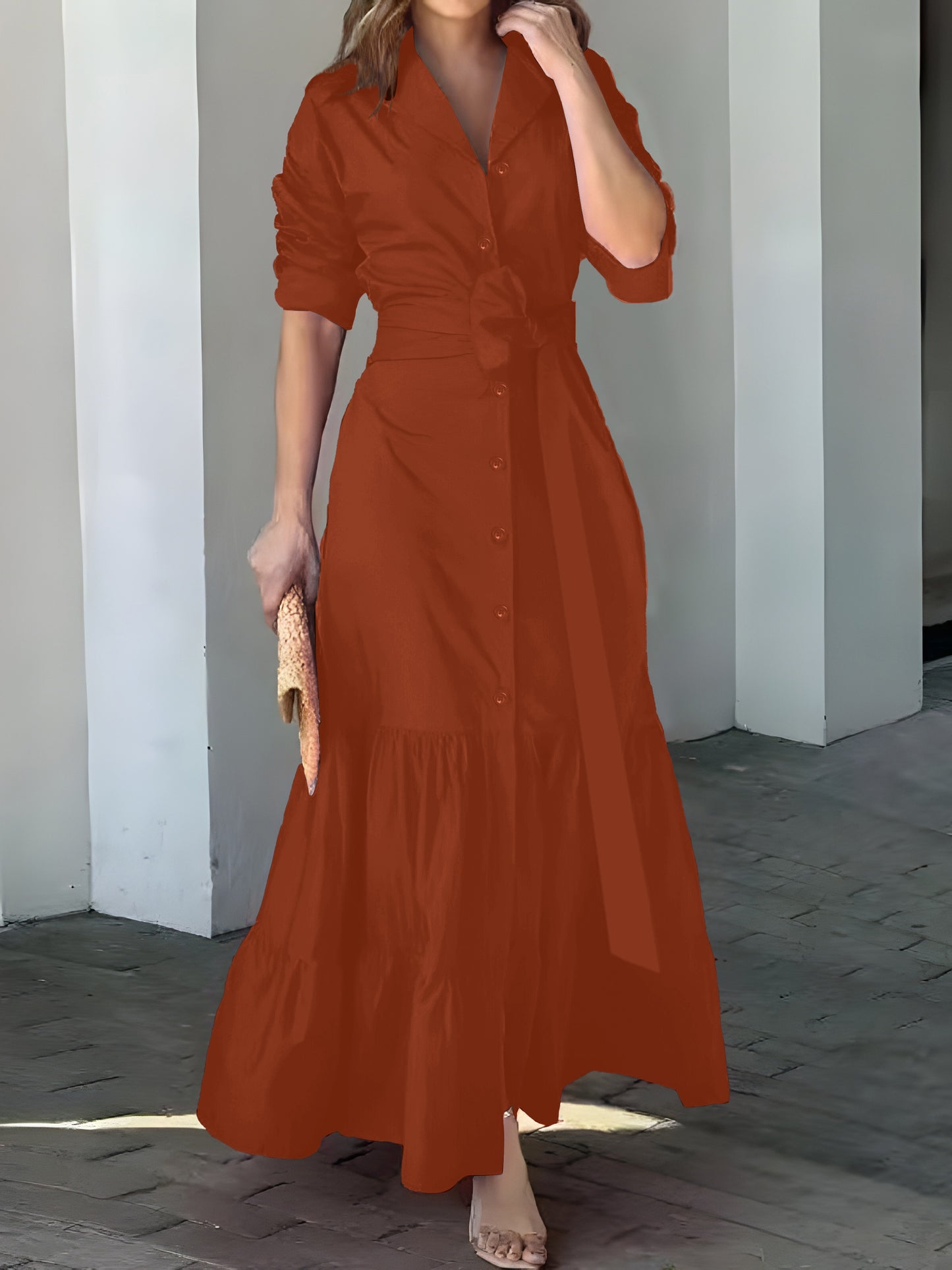 Stunning Ruffled Maxi Dress - Solid Button Front, Belted Waist, Elegant Ruched Sleeve, Flowy Design, Women's Clothing for Special Occasions