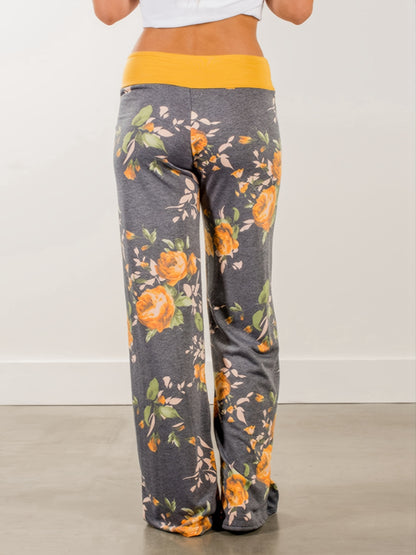 Plus Size Floral Print High Rise Drawstring Long Pants, Women's Plus Slight Stretch Loose Casual Pants