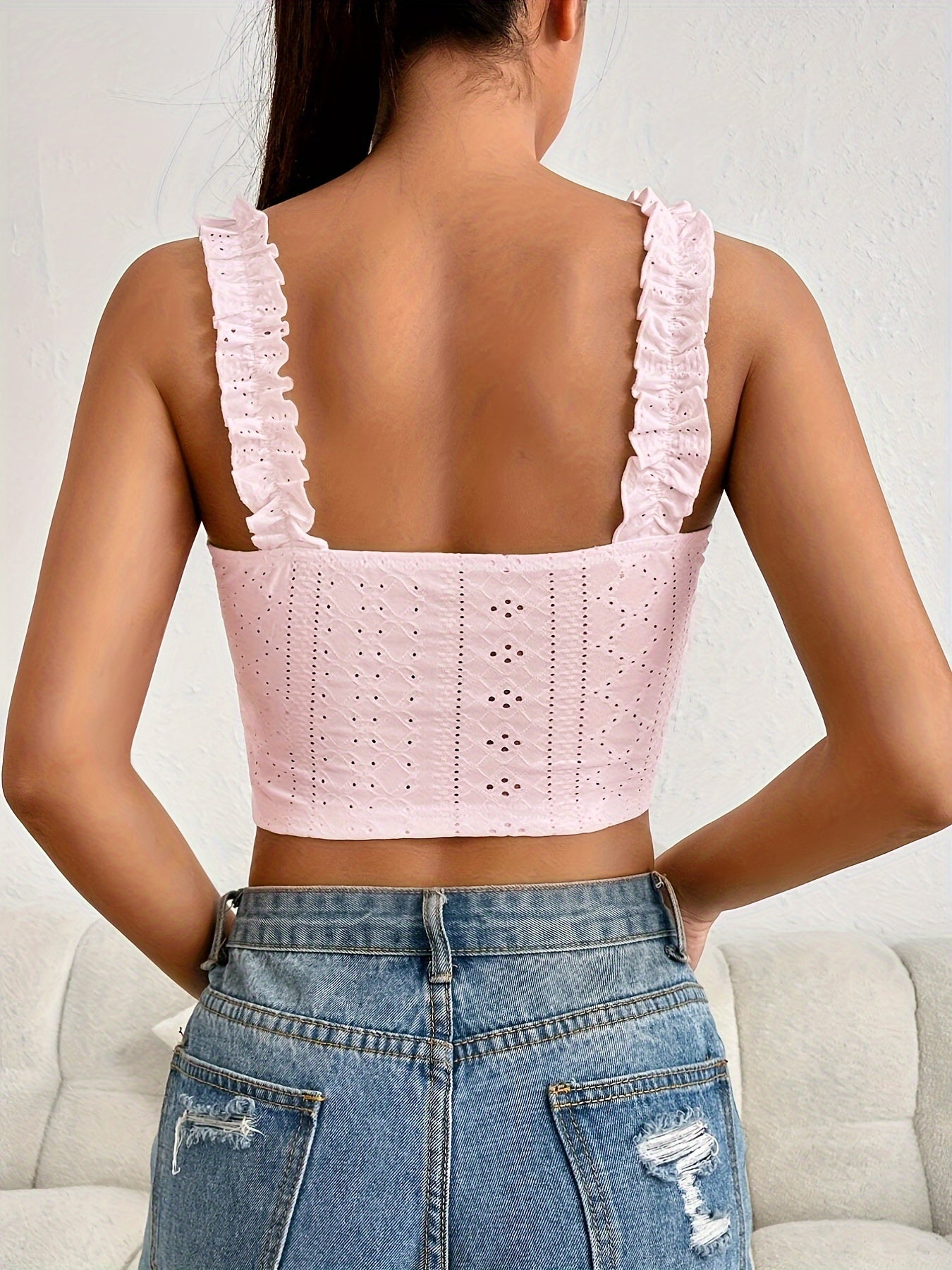 Eyelet Lettuce Trim Crop Cami Top, Casual Tie Front Summer Sleeveless Top, Women's Clothing For Coquette/Cute/Y2K Style