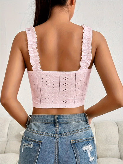 Eyelet Lettuce Trim Crop Cami Top, Casual Tie Front Summer Sleeveless Top, Women's Clothing For Coquette/Cute/Y2K Style