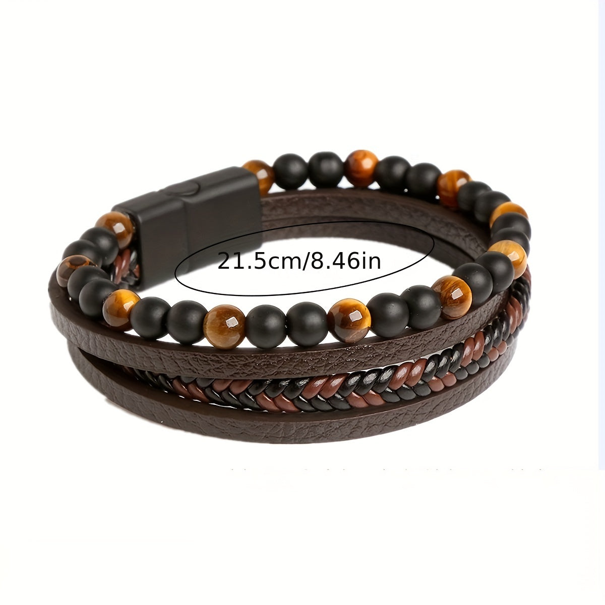 Retro Men's Braided Natural Obsidian Bracelet, Beaded Tiger Eye PU Leather Braided Stacking Multilayer Bracelet