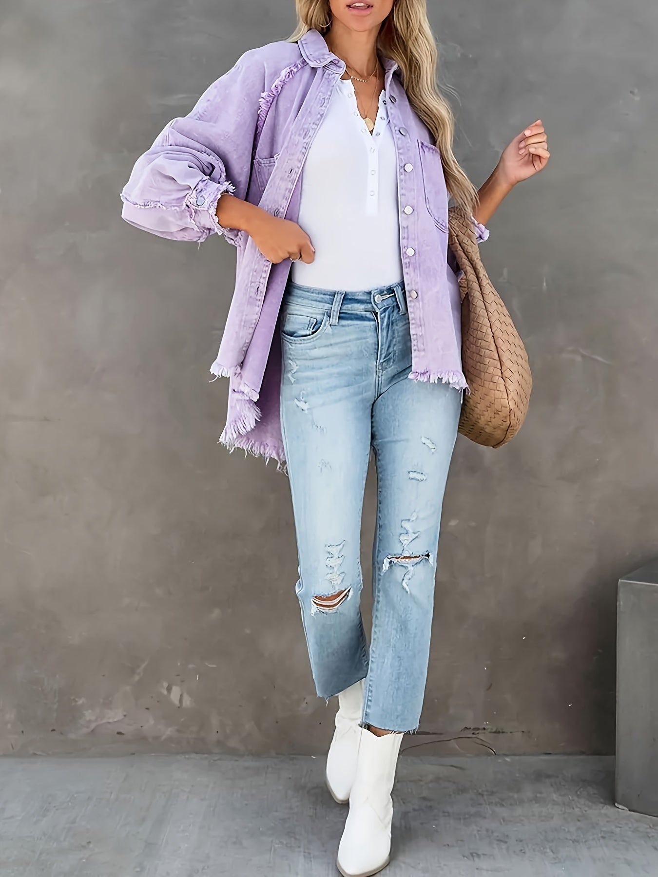 Women's Plus Size Denim Shacket with Raw Hem and Lapel Collar - Casual Button Up Long Sleeve Top for Oversized Comfort and Style