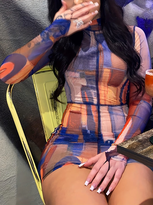 Geo Print Bodycon Dress, Casual Mock Neck Long Sleeve Dress, Women's Clothing For Party Dressing