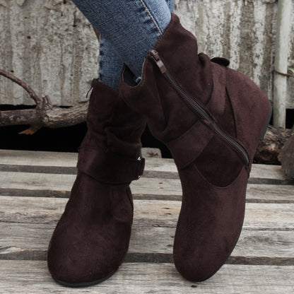 Womens Classic Solid Color Ankle Boots with Round-Toe Design - Fashion Buckle Belt & Side Zipper Closure - Ultra-Comfortable Outdoor Shoes for Stylish Adventures