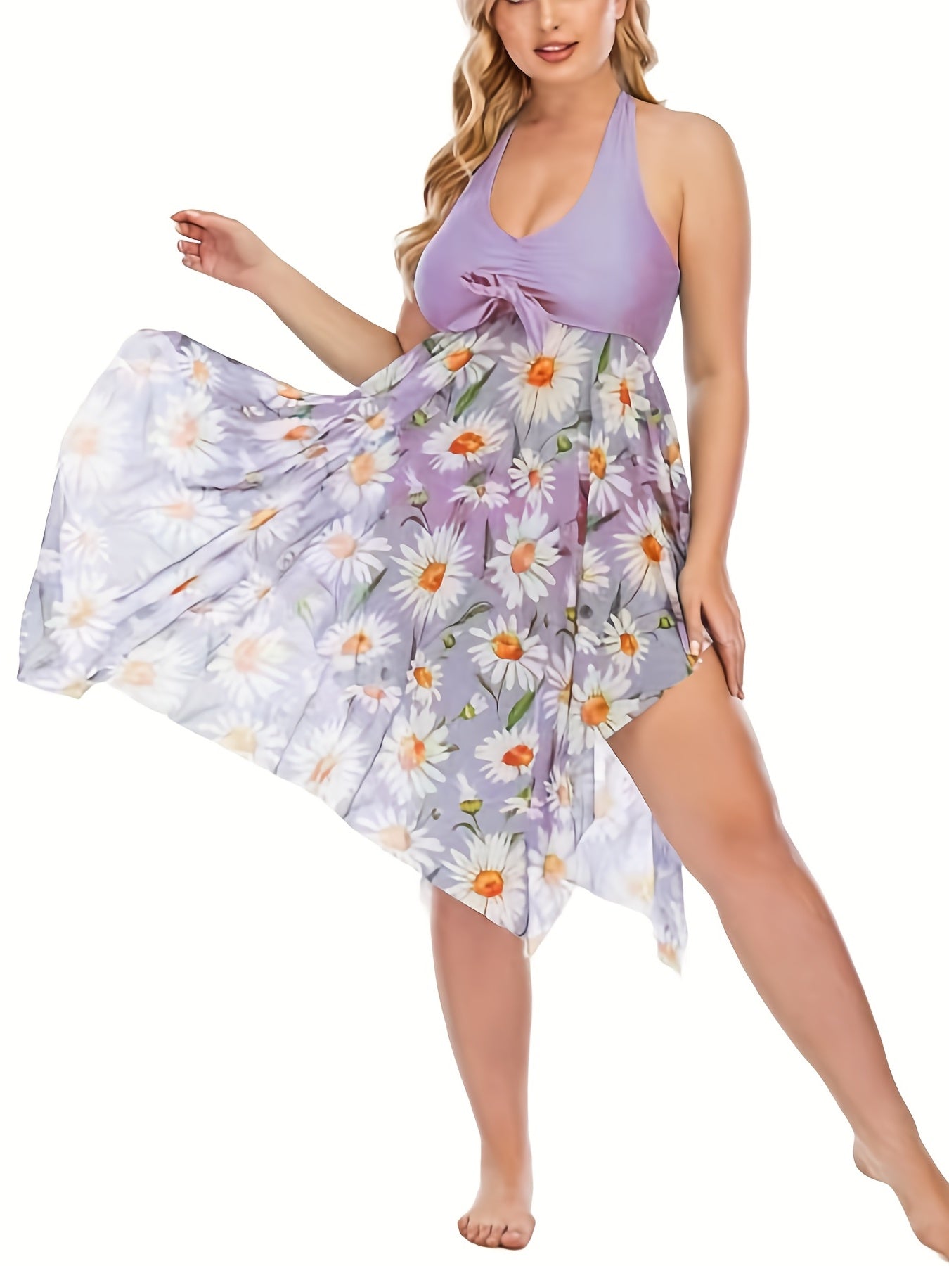 [Plus Size | Mesh] Plus Size Mesh Spliced Swimsuit | European and American Style Separated Skirt with Flower Print Irregular Hem Oversized Swimwear for Vacation