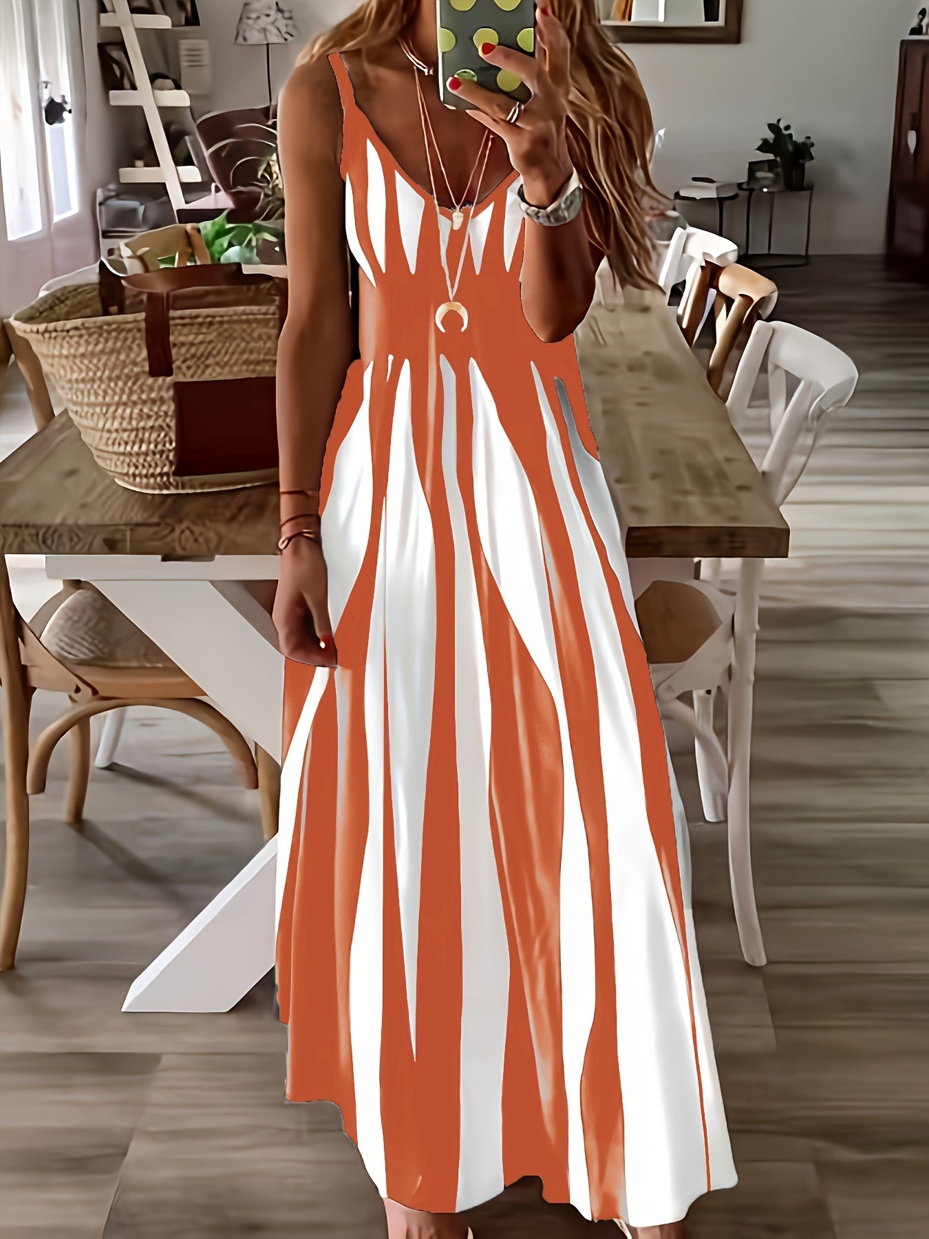 Vibrant Geo Print Deep V Neck Modest Sun Dress - Soft Micro Elastic Polyester Fabric, Machine Washable, Sleeveless, Spaghetti Strap, Perfect for Summer - Womens Casual Wear