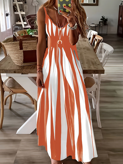 Vibrant Geo Print Deep V Neck Modest Sun Dress - Soft Micro Elastic Polyester Fabric, Machine Washable, Sleeveless, Spaghetti Strap, Perfect for Summer - Womens Casual Wear