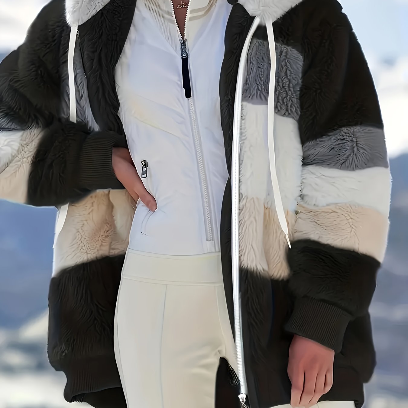 Ultra-Soft Color Block Fuzzy Hooded Coat - Stylish Winter Warm Outerwear with Full-Length Sleeves - Perfect for Casual Wear - Womens Clothing