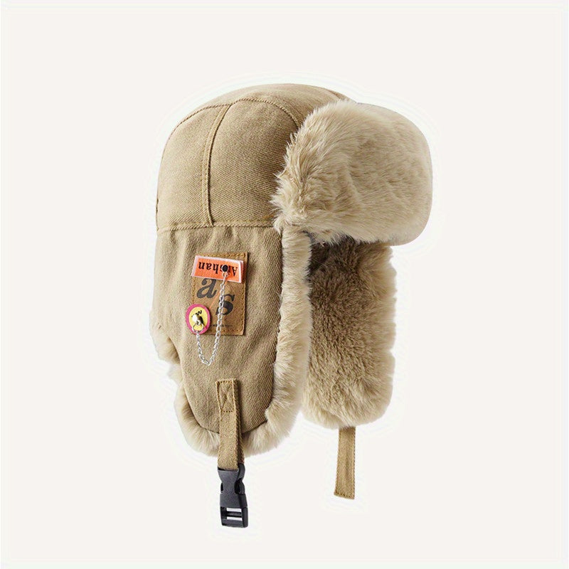 [Thickened Plush Earmuffs] 1pc Thickened Plush Earmuffs - Windproof Flying Cap With Chain And Cloth Label For Men Women