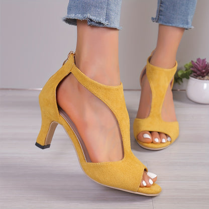 Chunky Heel Women's High Heels, Peep Toe T-strap Back Zipper Sandals, Fashion Black Shoes