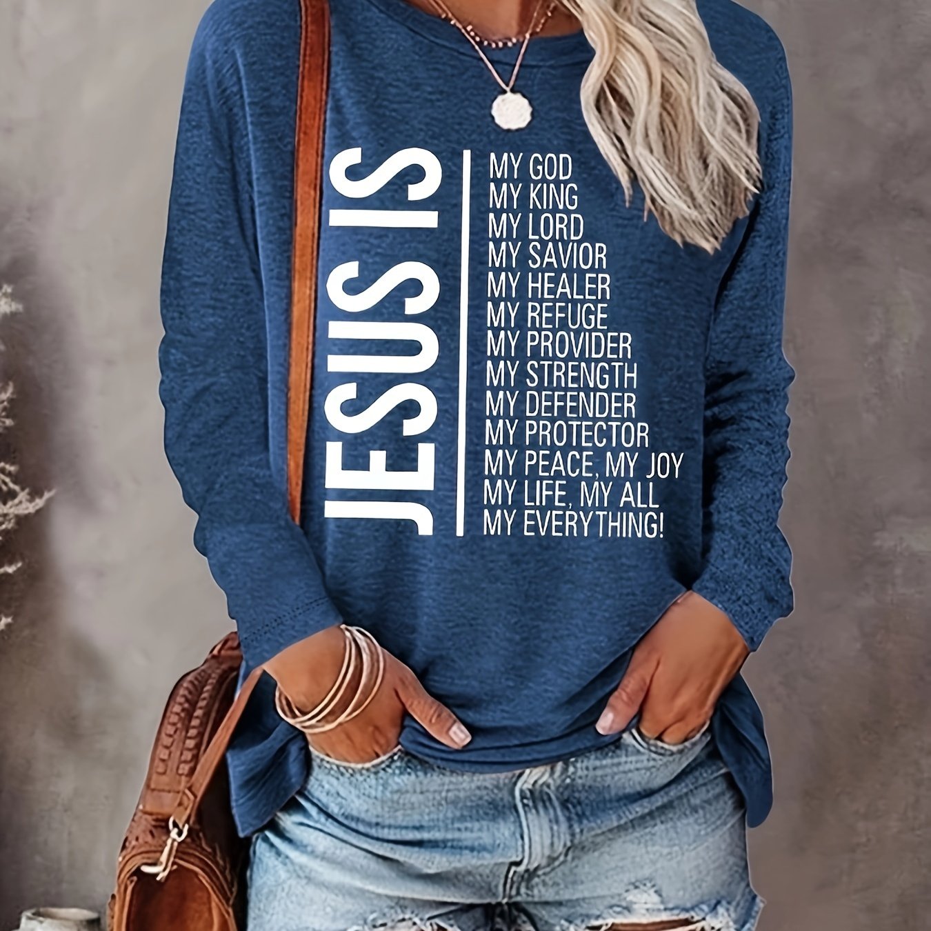 Jesus Print Crew Neck T-shirt, Casual Long Sleeve Top For Spring & Fall, Women's Clothing