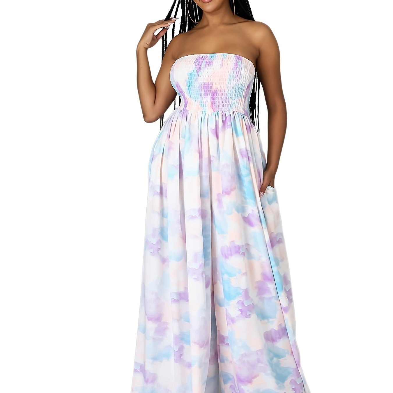 Allover Print Tube Jumpsuit, Casual Off Shoulder Wide Leg Jumpsuit, Women's Clothing