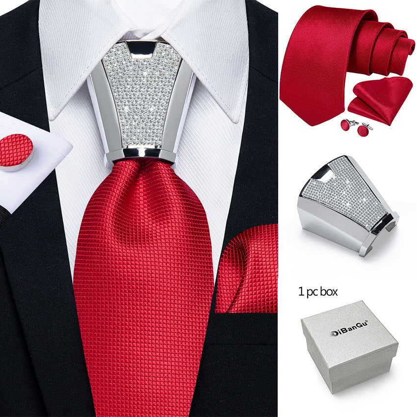 [For Business Silvery Necktie Set] Men's Necktie Silvery Ring & Handkerchief & Cufflinks Set For Business Accessories With Gift Box