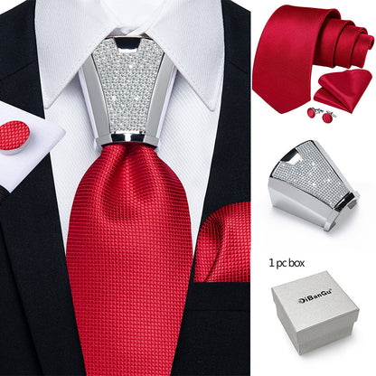 [For Business Silvery Necktie Set] Men's Necktie Silvery Ring & Handkerchief & Cufflinks Set For Business Accessories With Gift Box