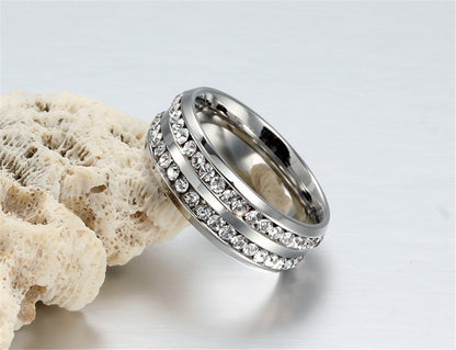 Fashionable Casual Romantic Stainless Steel Double-row Imitation Zirconia Ring