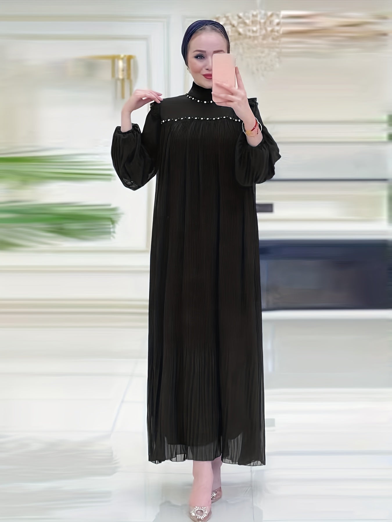 Elegant Pleated Maxi Dress for Women - Solid Color, Belted Waist, Long Sleeve, Machine Washable - Perfect for Ramadan & Casual Attire