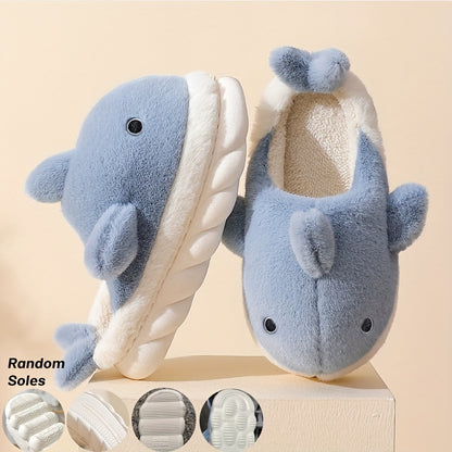 Men's Casual Cute Shark Design Slippers, Non-slip Warm Plus Fleece Home Shoes for Autumn And Winter, Thick Sole, Plush, Couple, ASIFN