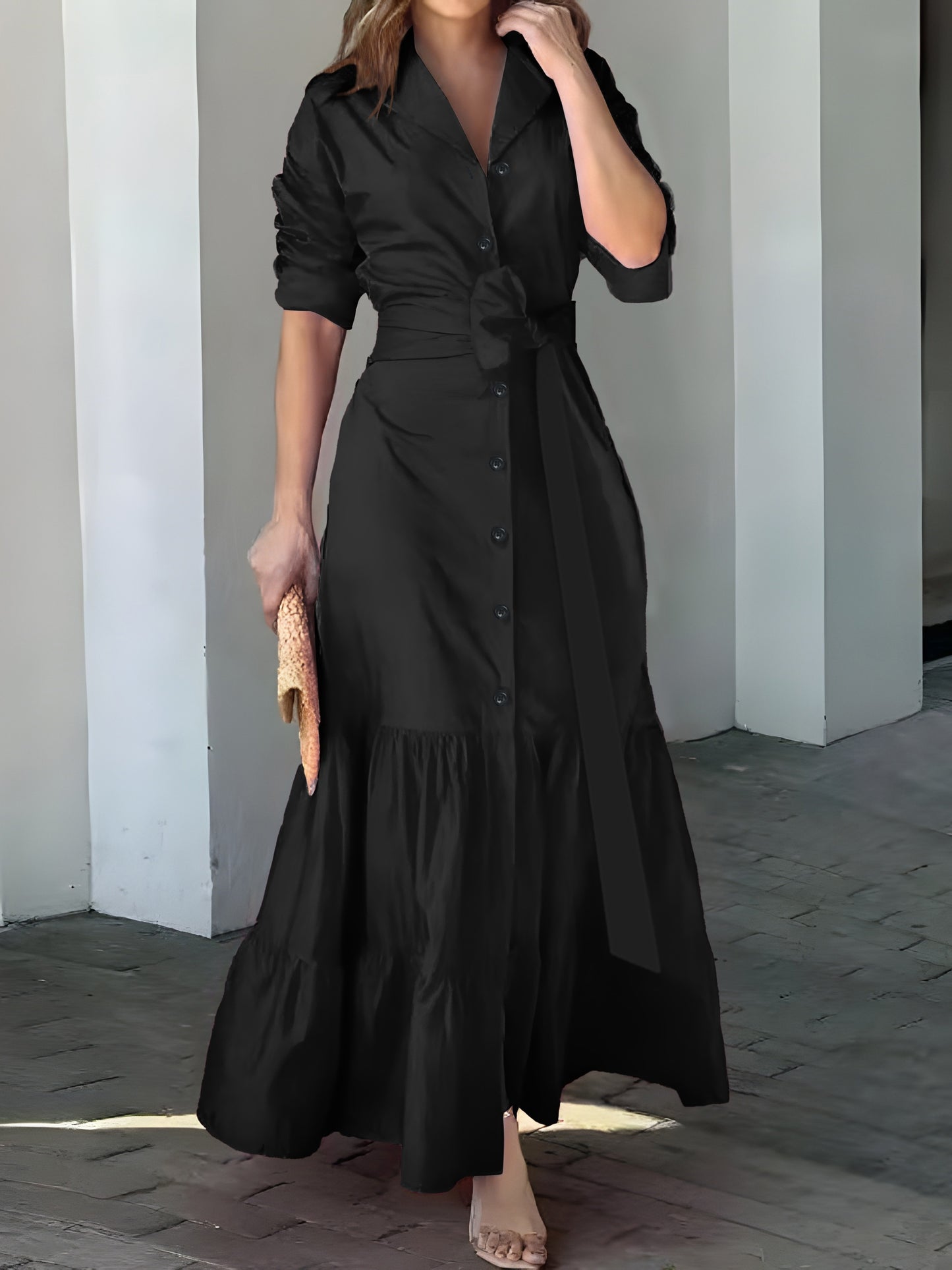 Stunning Ruffled Maxi Dress - Solid Button Front, Belted Waist, Elegant Ruched Sleeve, Flowy Design, Women's Clothing for Special Occasions