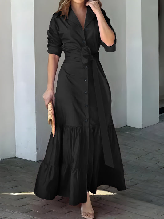 Stunning Ruffled Maxi Dress - Solid Button Front, Belted Waist, Elegant Ruched Sleeve, Flowy Design, Women's Clothing for Special Occasions