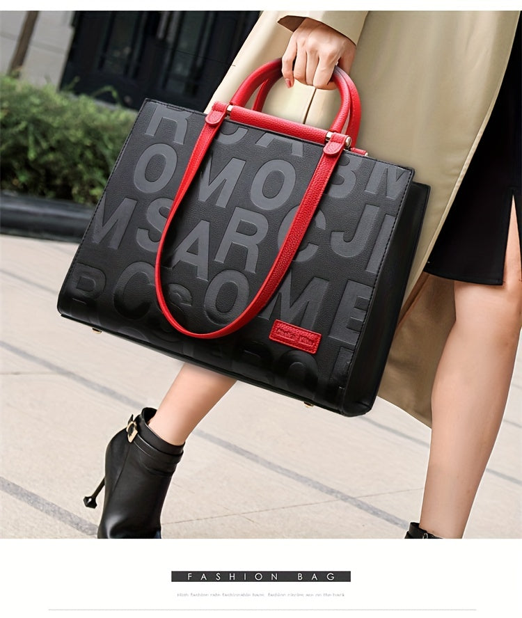 Classic Letter Embossed Tote Bag, Colorblock Shoulder Bag, All-Match Satchel Bag For Work