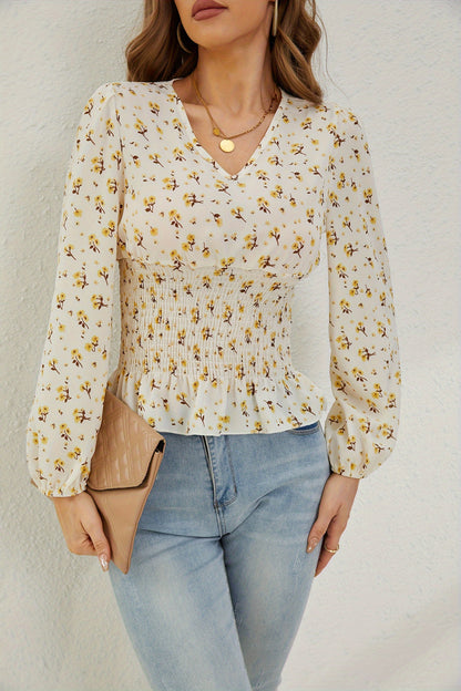 Ditsy Floral Print Shirred Blouse, Elegant Long Sleeve V Neck Blouse, Women's Clothing