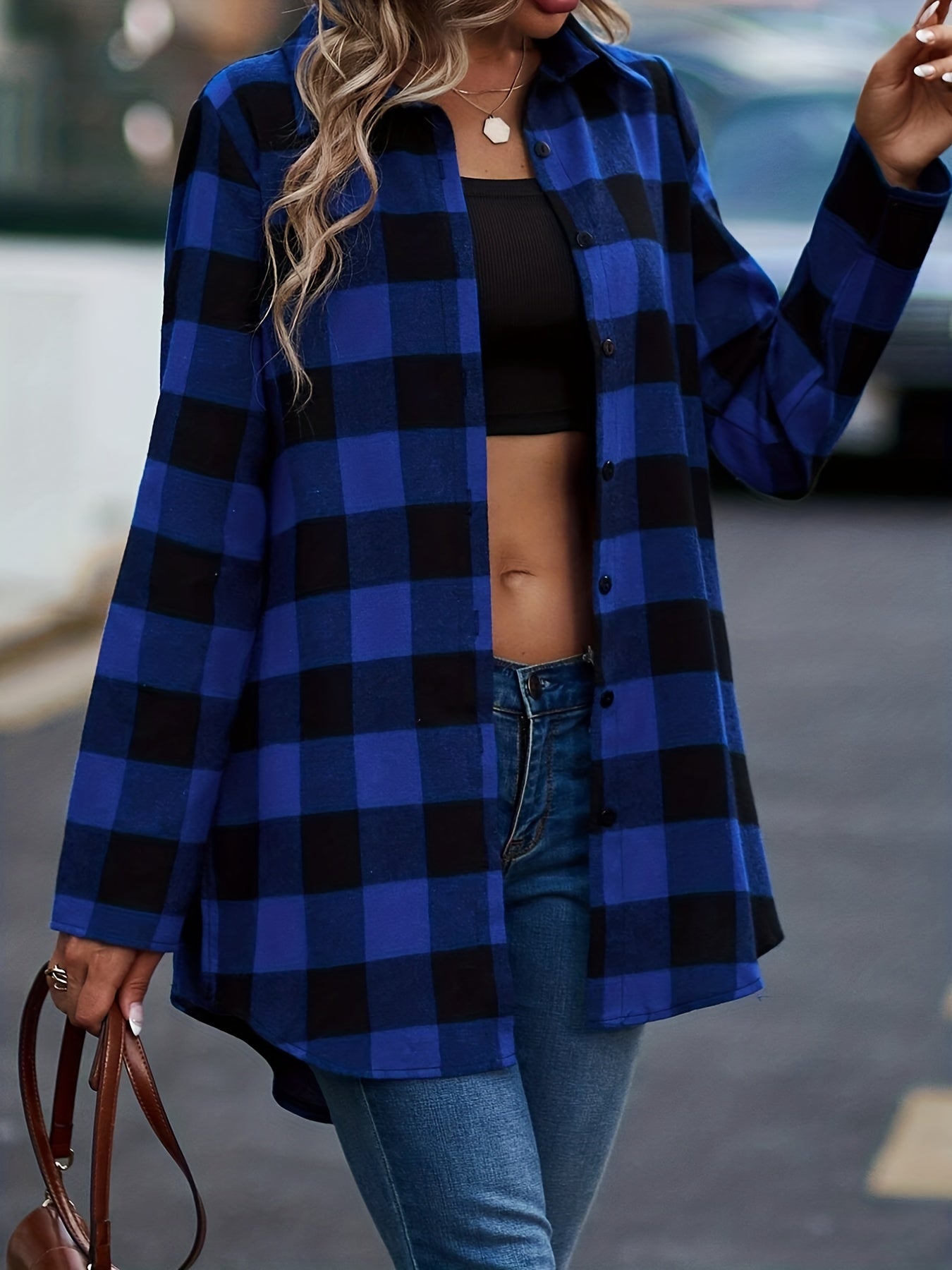 Plaid Print Classic Shirt, Casual Button-Front, Long Sleeve, Women's