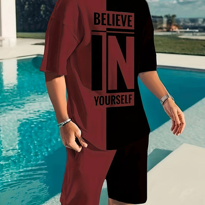 Believe In Yourself Print, Men's 2Pcs Outfits, Casual Crew Neck Short Sleeve T-shirt And Drawstring Shorts Set For Summer, Men's Clothing