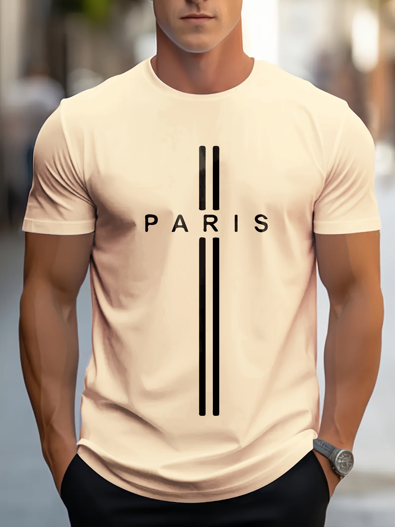 Paris Print, Men's Graphic Design Crew Neck T-shirt, Casual Comfy Tees Tshirts For Summer, Men's Clothing Tops For Daily Vacation Resorts