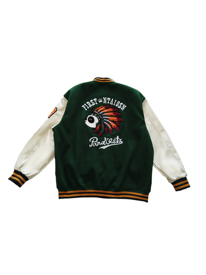 Mens Panda Embroidered Varsity Jacket - Stylish Color Block, Button Up for Spring/Fall - Handcrafted Design, Perfect for School or Casual Wear