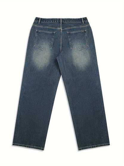 Men's Casual Wide Leg Jeans, Street Style Loose Fit Distressed Denim Pants