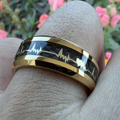 New Tungsten Steel Ring, Black Ring With Pattern Of Golden ECG, Couple Ring, High-Quality Black Tungsten Ring For Men, Fashion Engagement Wedding Band