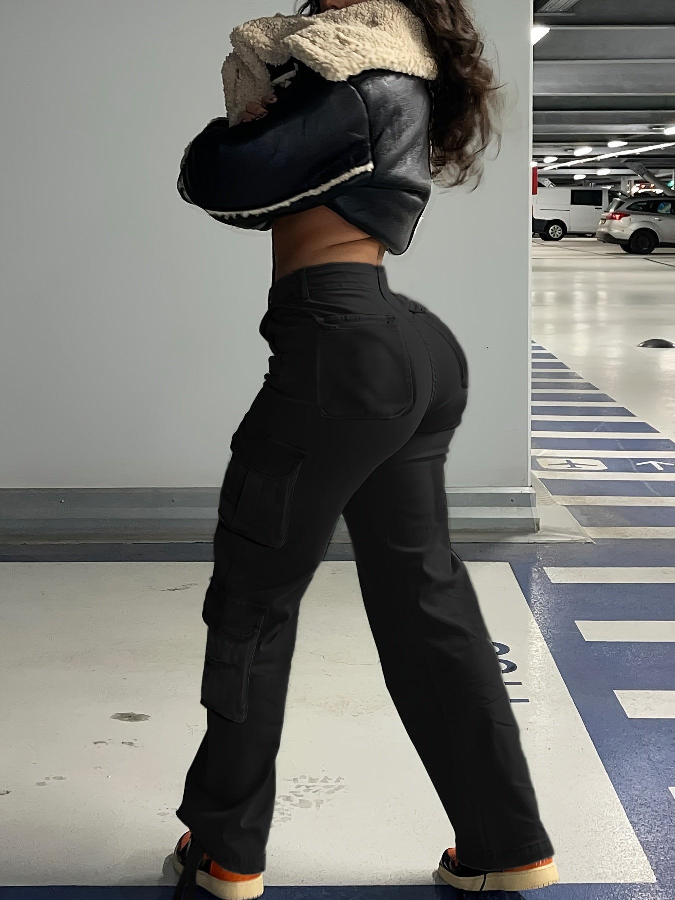 Black Flap Pockets Straight Jeans, Loose Fit Non-Stretch High Waist Cargo Pants, Y2K & Kpop Style, Women's Denim Jeans & Clothing