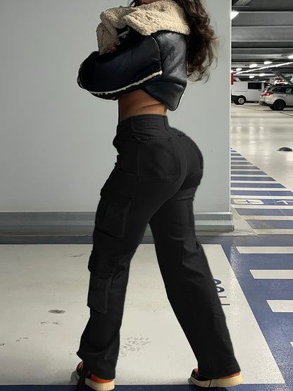 Black Flap Pockets Straight Jeans, Loose Fit Non-Stretch High Waist Cargo Pants, Y2K & Kpop Style, Women's Denim Jeans & Clothing