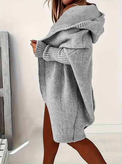 Plus Size Casual Cardigan, Women's Plus Solid Stitching Long Sleeve Hooded Open Front Slight Stretch Sweater Cardigan