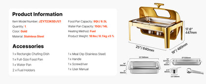 VEVOR Chauffe-Plat Rectangulaire 8,5 L, Buffet Chauffant avec Couvercle Rabattable Visible, Réchaud en Inox avec Bac Pleine Taille, pour Buffet Libre-Service Hôtel Traiteur Restauration, Doré