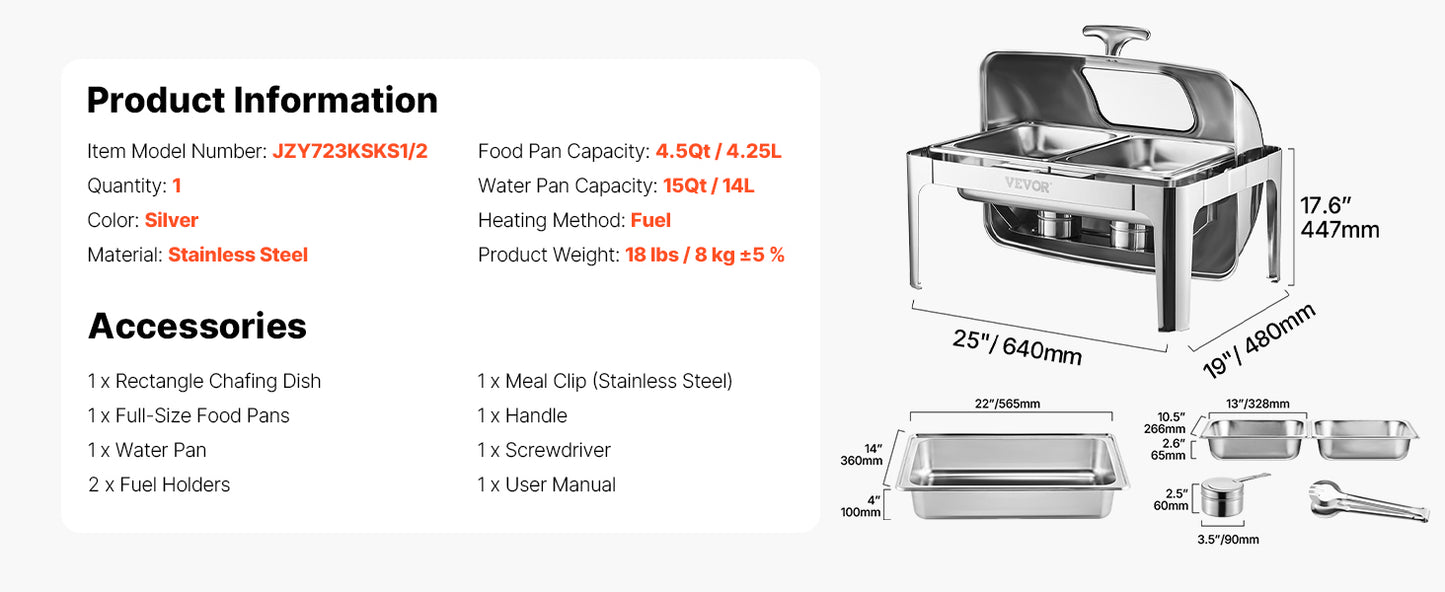 VEVOR Chauffe-Plat Rectangulaire 8,5 L, Buffet Chauffant avec Couvercle Rabattable Visible, Réchaud en Inox avec Bac Pleine Taille, pour Buffet Libre-Service Hôtel Traiteur Restauration, Doré