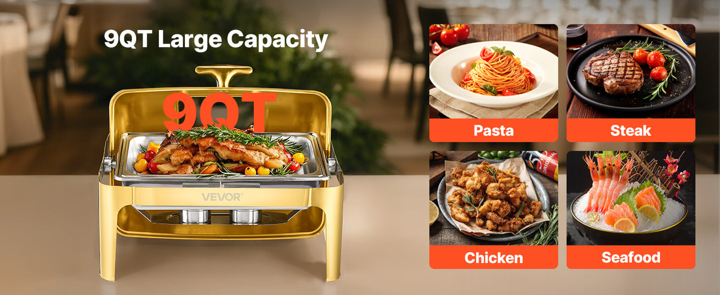 VEVOR Chauffe-Plat Rectangulaire 8,5 L, Buffet Chauffant avec Couvercle Rabattable Visible, Réchaud en Inox avec Bac Pleine Taille, pour Buffet Libre-Service Hôtel Traiteur Restauration, Doré