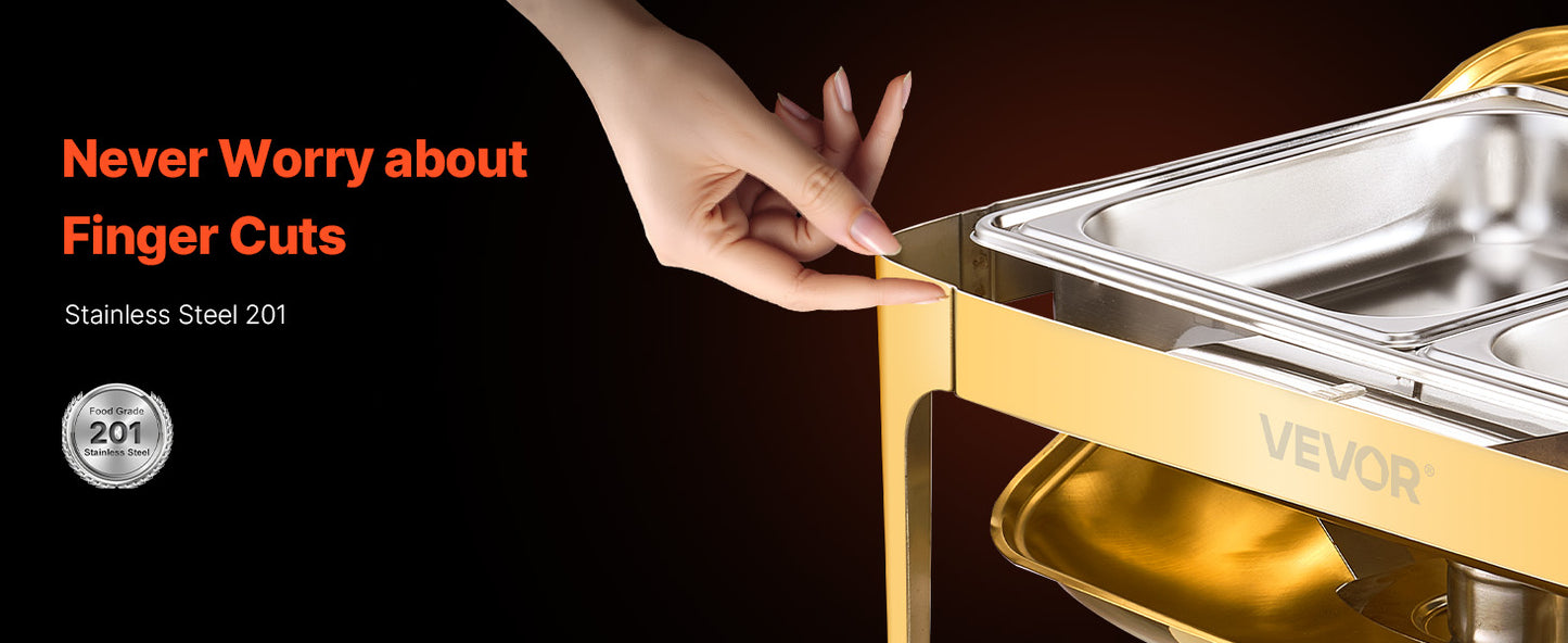 VEVOR Chauffe-Plat Rectangulaire 8,5 L, Buffet Chauffant avec Couvercle Rabattable Visible, Réchaud en Inox avec Bac Pleine Taille, pour Buffet Libre-Service Hôtel Traiteur Restauration, Doré