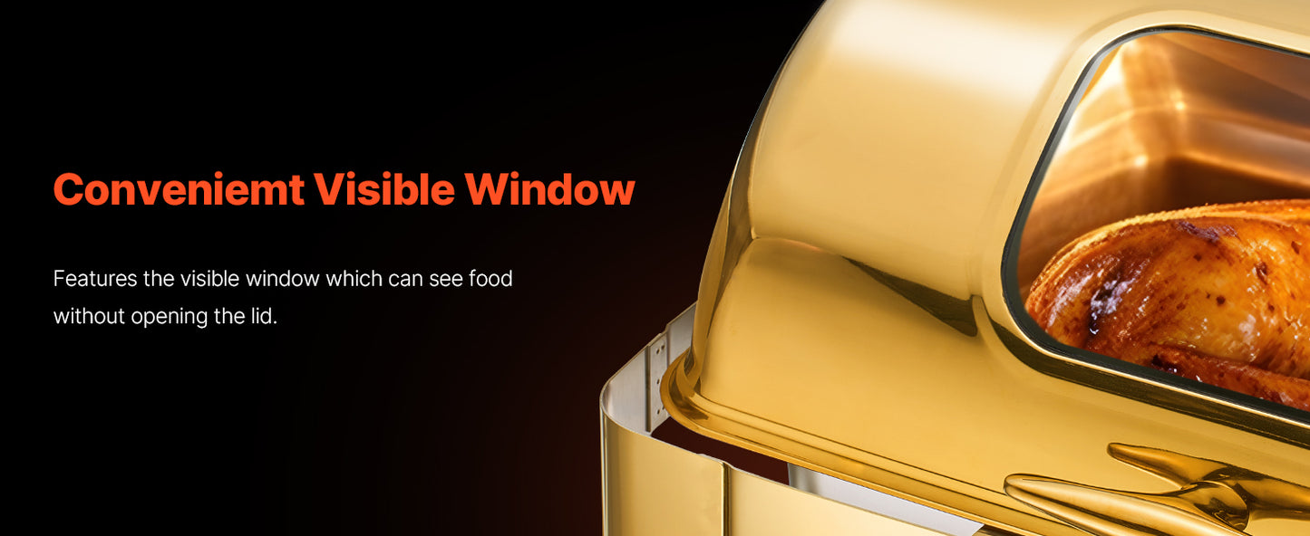 VEVOR Chauffe-Plat Rectangulaire 8,5 L, Buffet Chauffant avec Couvercle Rabattable Visible, Réchaud en Inox avec Bac Pleine Taille, pour Buffet Libre-Service Hôtel Traiteur Restauration, Doré