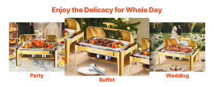 VEVOR Chauffe-Plat Rectangulaire 8,5 L, Buffet Chauffant avec Couvercle Rabattable Visible, Réchaud en Inox avec Bac Pleine Taille, pour Buffet Libre-Service Hôtel Traiteur Restauration, Doré