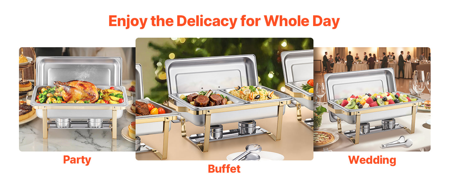 SucceBuy Lot de 4 buffet à réchaud de 8 Qt, chafer en acier inoxydable avec 2 poêles pleine taille et 4 demi-taille, serveur chauffant pour restauration