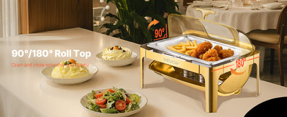 VEVOR Chauffe-Plat Rectangulaire 8,5 L, Buffet Chauffant avec Couvercle Rabattable Visible, Réchaud en Inox avec Bac Pleine Taille, pour Buffet Libre-Service Hôtel Traiteur Restauration, Doré