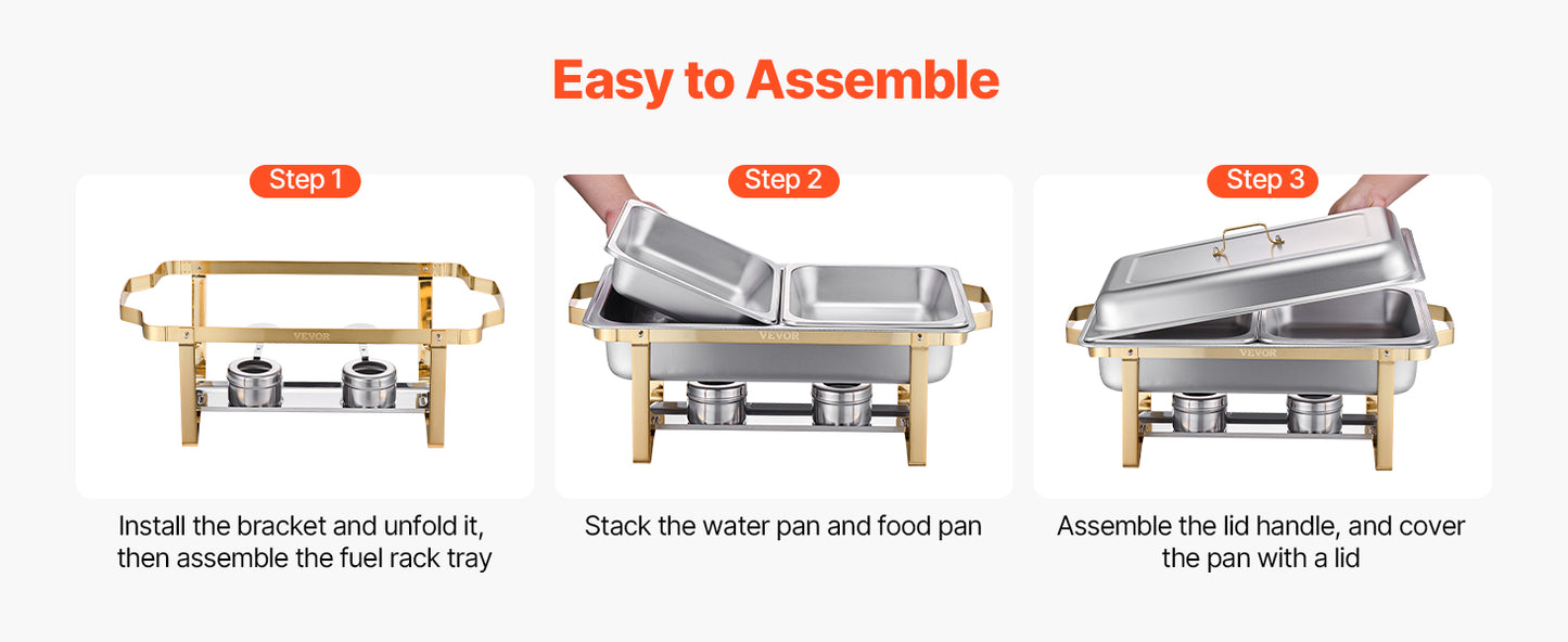 SucceBuy Lot de 4 buffet à réchaud de 8 Qt, chafer en acier inoxydable avec 2 poêles pleine taille et 4 demi-taille, serveur chauffant pour restauration