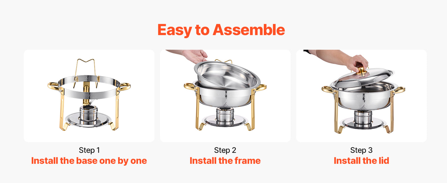 SucceBuy Lot de 4 boîtes à frire pour buffet, chafer en acier inoxydable avec poêle ronde pleine grandeur, serveur chauffant pour restauration, pour banquets de fête