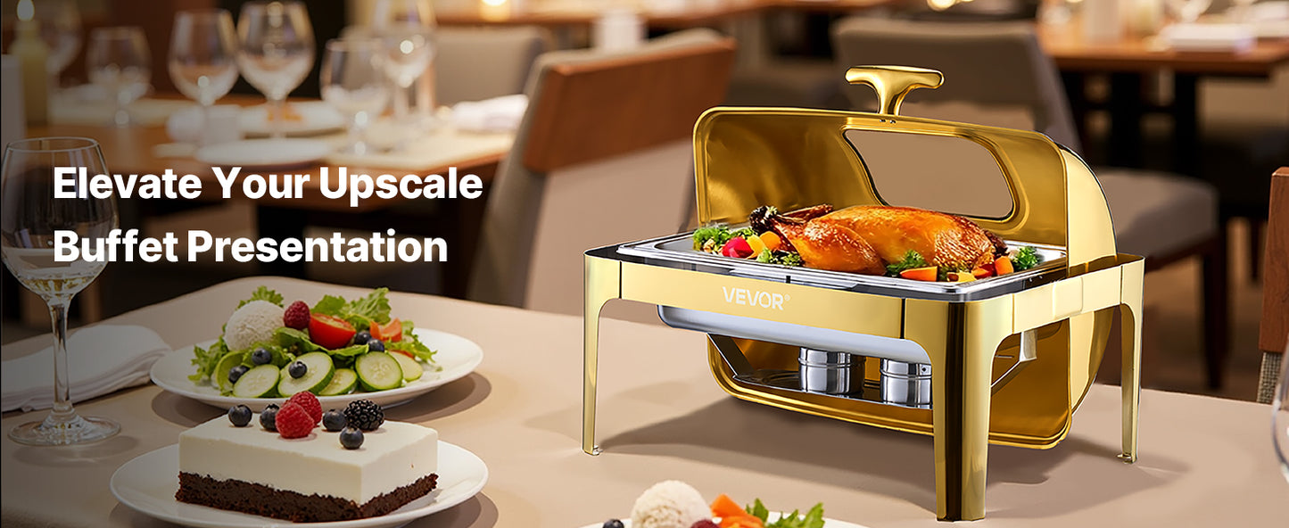 VEVOR Chauffe-Plat Rectangulaire 8,5 L, Buffet Chauffant avec Couvercle Rabattable Visible, Réchaud en Inox avec Bac Pleine Taille, pour Buffet Libre-Service Hôtel Traiteur Restauration, Doré