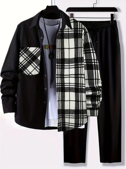 Plus Size Men's Plaid Shirt & Pants Set For Spring/autumn, Oversized Loose Fit 2Pcs Outfits For Workout/outdoor, Men's Clothing