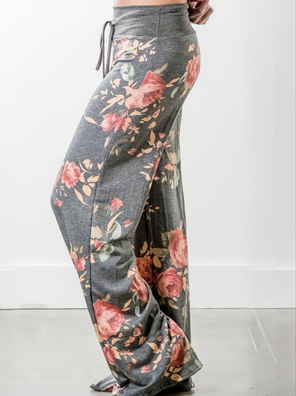Plus Size Floral Print High Rise Drawstring Long Pants, Women's Plus Slight Stretch Loose Casual Pants