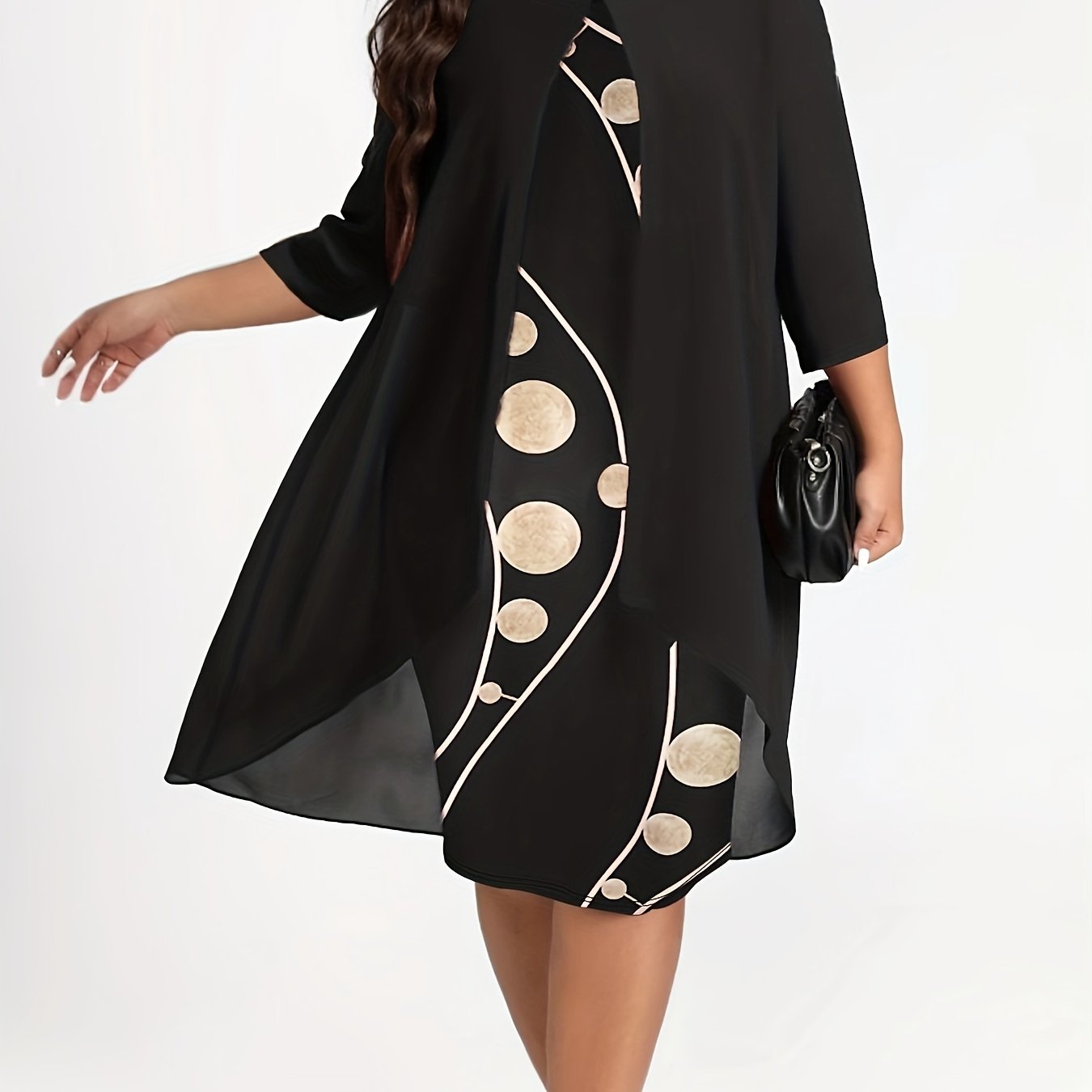 [Elegant Abstract Print Dress] Elegant 3/4 Sleeve Abstract Print Layered Dress - Women's Clothing, Crew Neck