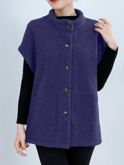 Womens Chic Button Front Teddy Vest - Lightweight Fleece, Short Sleeve, Solid Colors - Perfect for Layering, Stylish & Versatile Wardrobe Staple